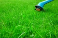 Green Lawn Closeup And Corded Grass Trimmer In The Background Royalty Free Stock Photo