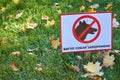 Green lawn with fallen maple leaves and a sign with the inscription in Ukrainian: dog walking is prohibited Royalty Free Stock Photo