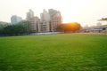 Green lawn football field, at school