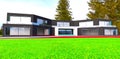 Green lawn in front of the new empty house with large windows. The autumn woods behind. 3d rendering