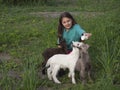 On a green lawn a girl with a feeding bottle filled with milk and three different colored baby goats Royalty Free Stock Photo