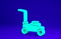 Green Lawn mower icon isolated on blue background. Lawn mower cutting grass. Minimalism concept. 3d illustration 3D Royalty Free Stock Photo