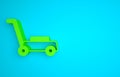 Green Lawn mower icon isolated on blue background. Lawn mower cutting grass. Minimalism concept. 3D render illustration Royalty Free Stock Photo