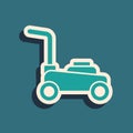 Green Lawn mower icon isolated on green background. Lawn mower cutting grass. Long shadow style. Vector Royalty Free Stock Photo