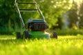 a green lawnmower stands on the lawn on the background of the garden. Generative AI