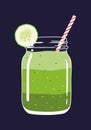 Green layered smoothie in mason jar with cucumber slice and swirled straw. Vector hand drawn illustration. Royalty Free Stock Photo