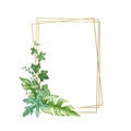 Green leaf arrangement with golden frame watercolor illustration. Eucalyptus, ivy, monstera leaves in elegant decor frame.