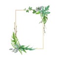 Green leaf arrangement with golden frame watercolor illustration. Eucalyptus, monstera leaves in elegant decorative frame. Royalty Free Stock Photo