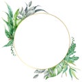 Green leaf arrangement with golden round frame illustration. Hand drawn eucalyptus, monstera leaves in elegant decor frame. Royalty Free Stock Photo