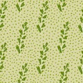 Green leaf branch seamless pattern on dots background. Vintage floral wallpaper. Design for fabric, textile print, wrapping, Royalty Free Stock Photo