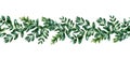 Green leaf Buxus seamless border. Lush boxwood branch decor. Floral endless decorative ornament. Watercolor illustration