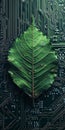 Green leaf on a circuit board representing eco-friendly technology Royalty Free Stock Photo