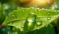 Green Leaf Covered in Water Droplets. Generative AI