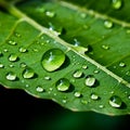 Green leaf with droplets of rain on its surface illuminated by natural light. AI-generated.