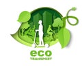 Green Leaf With City Buildings, People Riding Bicycle, Scooter, Vector Paper Cut Illustration. City Eco Transport Poster