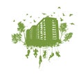 Green leaf with eco friendly city buildings and people. Green city silhouette with people. Ecology urban. Vector