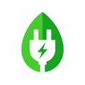 Green leaf with electric plug icon, Renewable power and clean energy, Eco friendly charging symbol, Vector illustration. Royalty Free Stock Photo