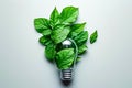 Green leaf is inside light bulb which has been pulled apart making it look like plant. Generative AI Royalty Free Stock Photo