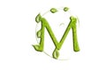 Green leaf letter M, garden eco friendly alphabet