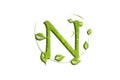 Green leaf letter N, garden eco friendly alphabet