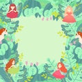 Green leaf magic compositions pattern round concept flat vector illustration. Wizard unicorn and magical fairy girl