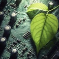 Green leaf over circuit board, technology and sustainability concept. ai generative