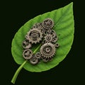A green leaf serves as a backdrop for a composition of intricate metallic gears and Royalty Free Stock Photo