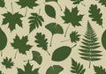 Green leaf silhouettes are arranged on a beige background in a seamless pattern. The design Royalty Free Stock Photo