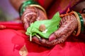 Green leaf and supari in bride hand