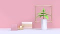 Green leaf of tree in white pot and abstract pink gold cube pink wall minimal background 3d render