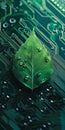 Green leaf with water droplets on a circuit board Royalty Free Stock Photo