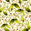 Green leaf and wild burgandy colored flower seamless pattern