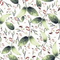 Green leaf and wild burgandy colored flower seamless pattern