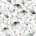 Green leaf and wild burgandy colored flower seamless pattern