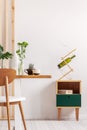 Green leafs in vases on long wooden table in trendy white dining room