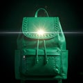 A green leather backpack with a braided flap design and a drawstring closure. The Royalty Free Stock Photo