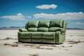 Green leather reclining sofa at big empty space, wasteland