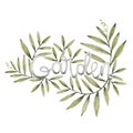 Green leaves of branches, freehand drawing in pencil illustration, template for design and logo , lettering garden