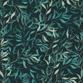 Green leaves on a dark background, seamless pattern. Vector illustration for home textiles