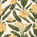 Green leaves flowers seamless yellow background Royalty Free Stock Photo