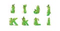 Green Leaves font. Vector illustration. Stylish eco alphabet from colorful tropical leaves, bushes, flowers and nature Royalty Free Stock Photo