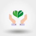 Green leaves in the form of heart on hand. Environmental protection. Icon. Vector. Flat. Royalty Free Stock Photo