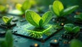 Green leaves grow from circuit board. Concept shows tech, eco friendly, and biocomputing solution. It represents growth with Royalty Free Stock Photo