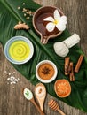 Green leaves with nature spa ingredients turmeric,herbal compress ball,dried indian bael ,cinnamon powder ,cinnamon sticks Royalty Free Stock Photo