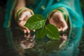 Green leaves and raindrops with reflection of bangled hands for Hariyali Teej Royalty Free Stock Photo
