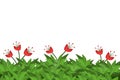 Green leaves and red flowers on white background.