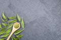 Green leaves and stevia powder - Stevia rebaudiana. Top view