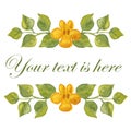 Green leaves and yellow flowers watercolor vignette. Simple hand drawn vintage frame for header or greeting card. Bloom