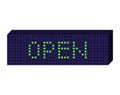 Green LED dot matrix display showing word 'OPEN' on dark board. Business welcoming sign, open for customers