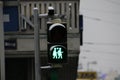 A green led pedestrian light depicting two women holding hands